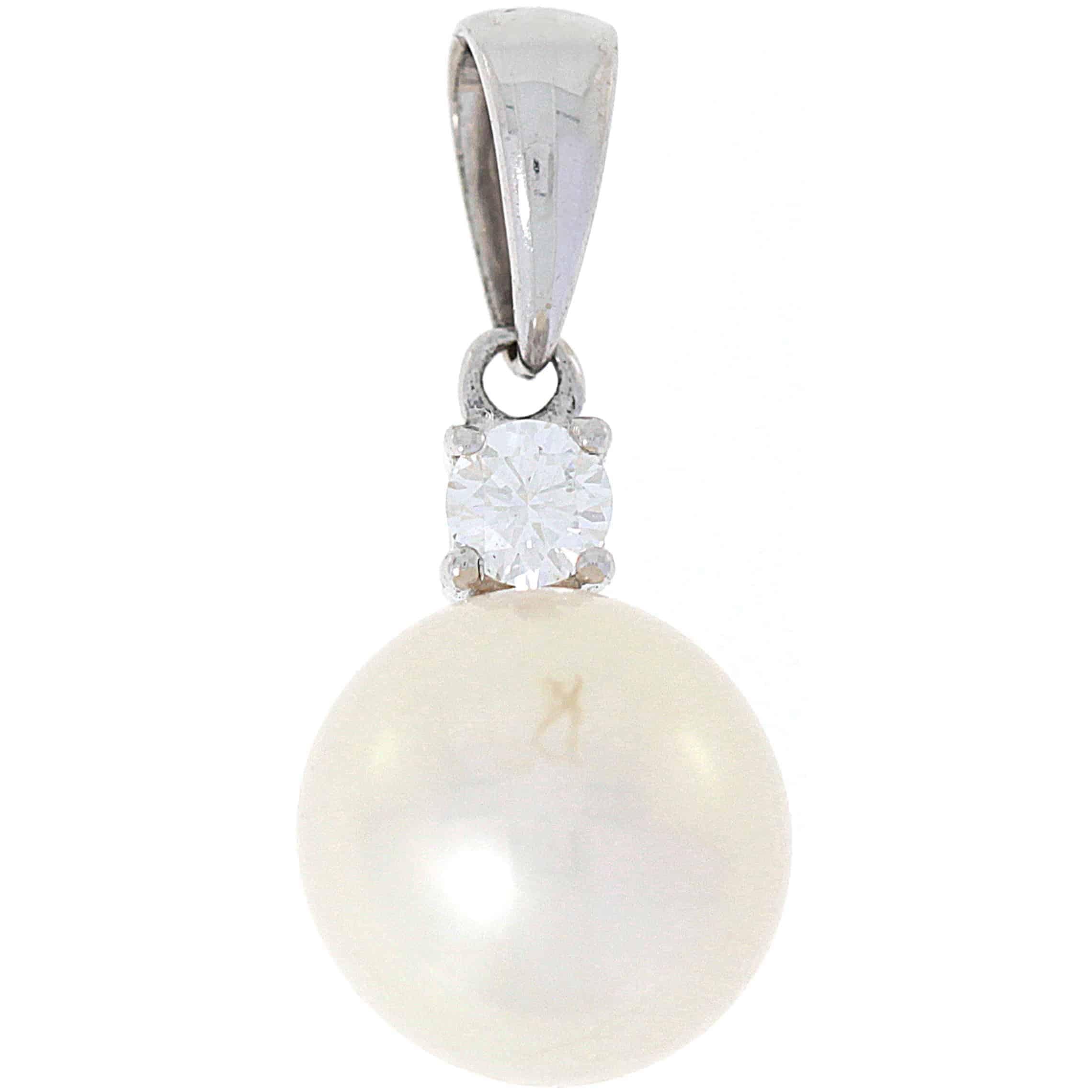 Diamant hals smykke med perle i hvitt gull, 0.08CT TWSI - Diamanthuset