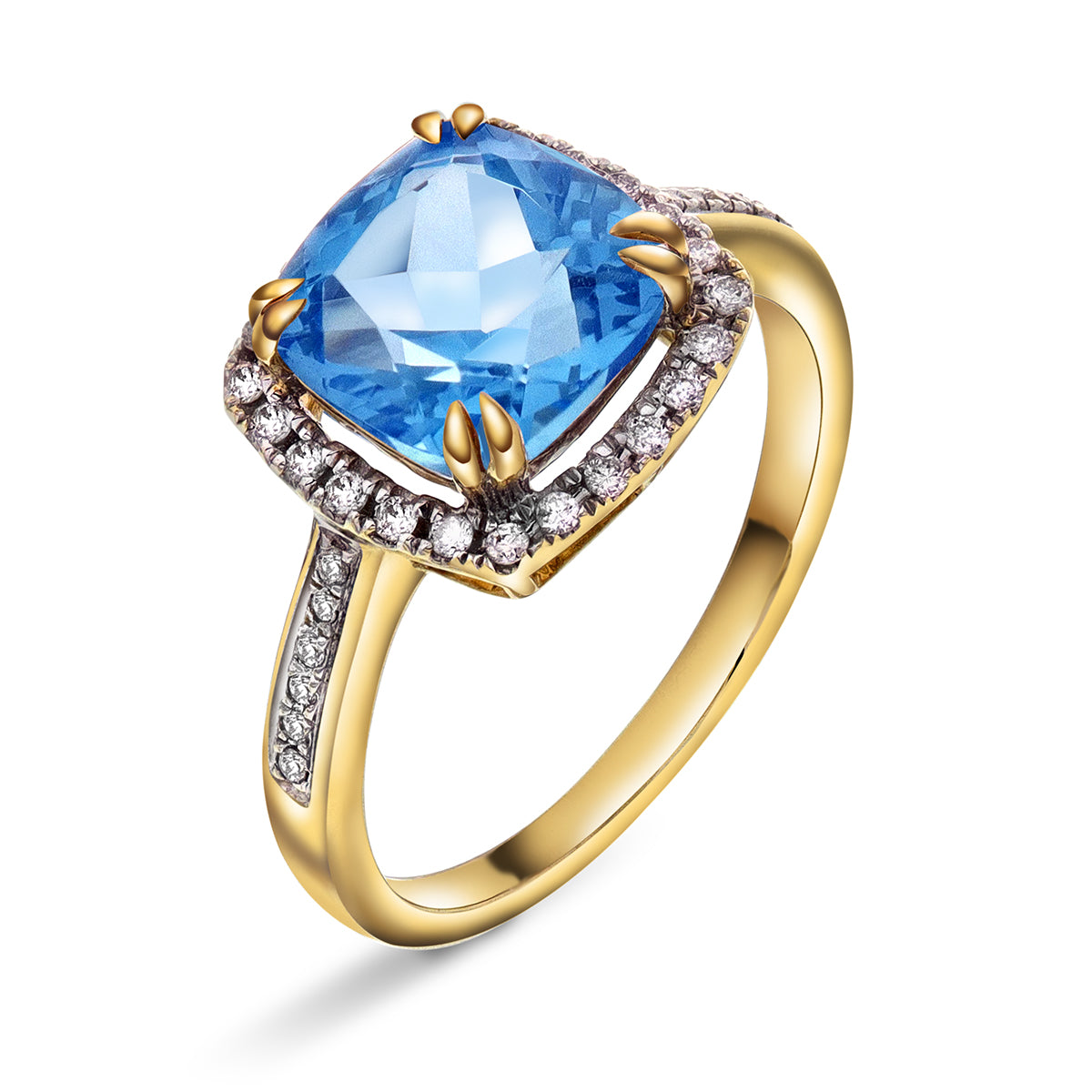 Bloom Diamantring i Gult Gull - 0.20ct tw/si Diamanter - 2.40ct Blå Topas  - 14kt Gull (585) – topas hos Diamanthuset, gullsmed i Kristiansand