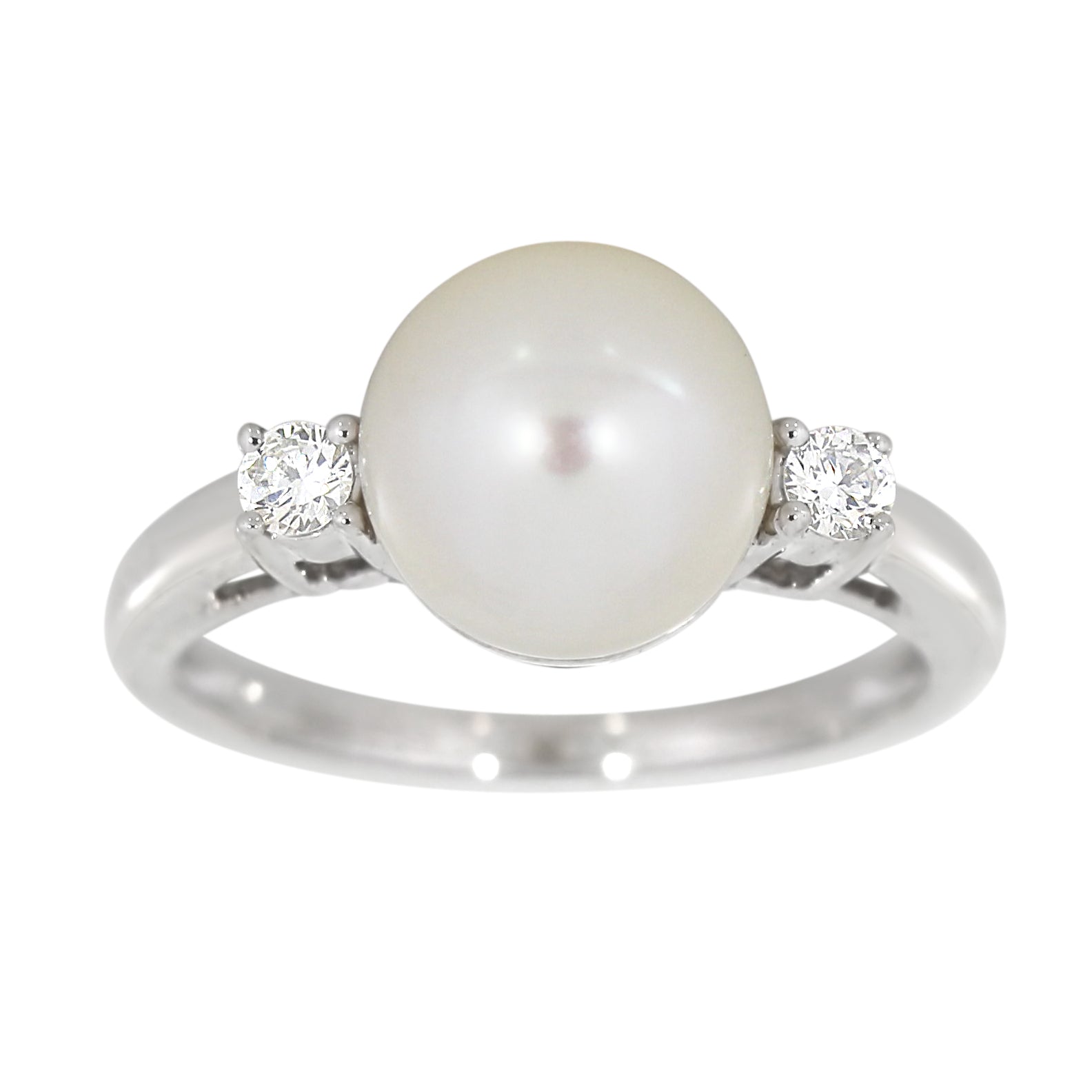 Diamantring i 14kt Gult/Hvitt Gull,, 0.10ct TW/SI Diamanter og 8-8,5mm Perle