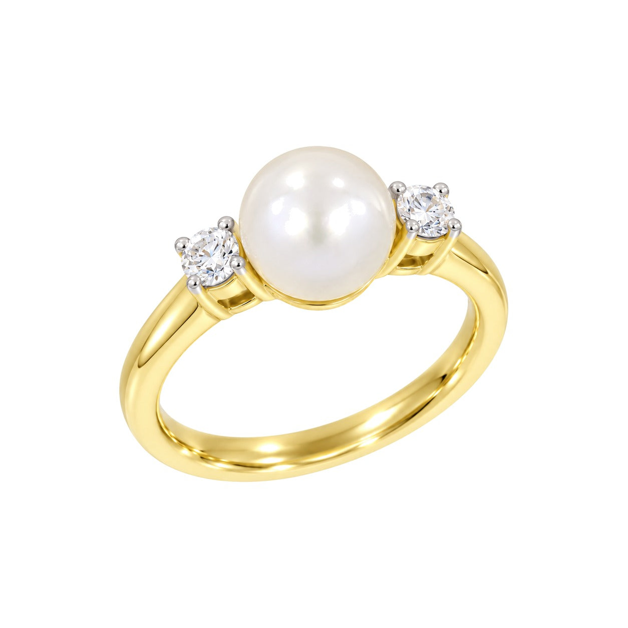 Diamantring i 14kt Gult/Hvitt Gull,, 0,10 ct TW/SI Diamanter og 8-8,5mm Perle – Diamanthuset