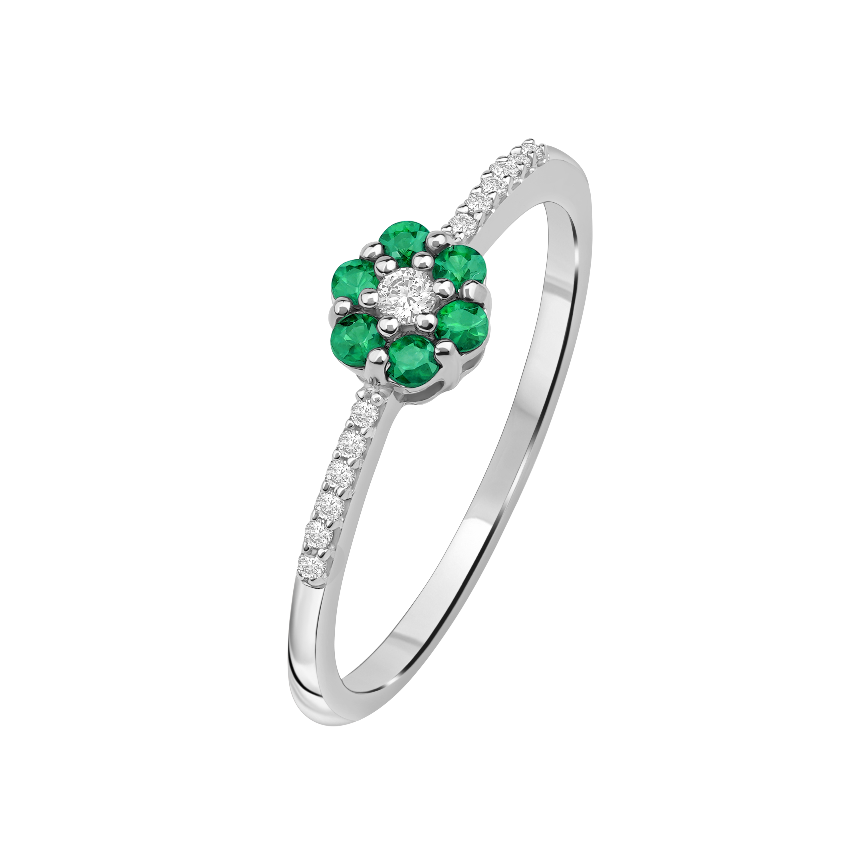 Diamantring i Hvitt/Gult Gull 0.07 tw/si og 0.19ct smaragd