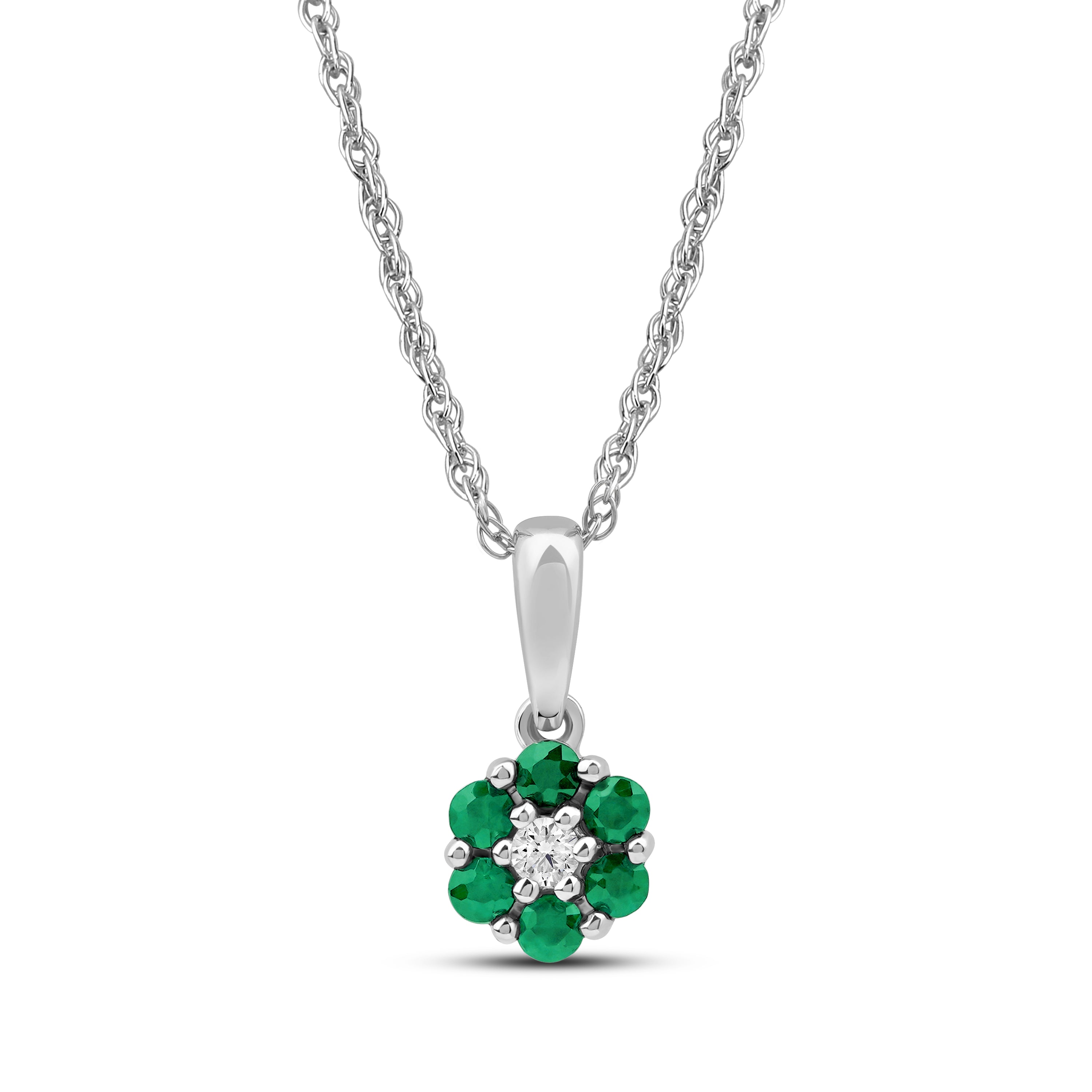 Diamanthalssmykke i hvitt og gult gull, 0.03ct TW/Si og 0.19ct smaragd