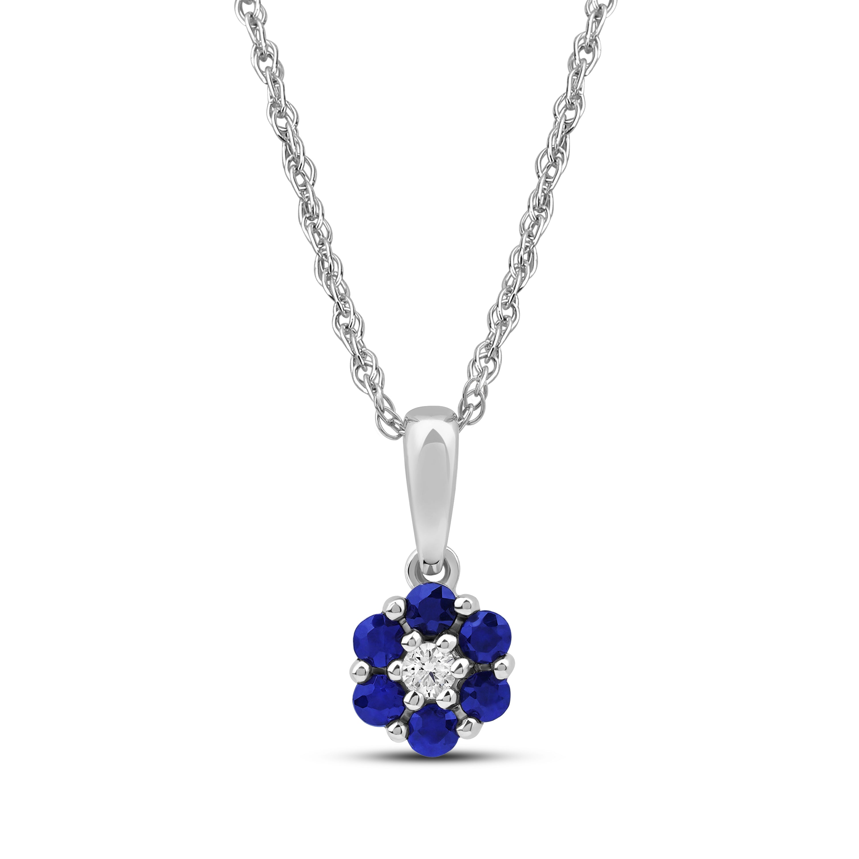 Diamanthalssmykke i hvitt og gult gull, 0.03ct TW/Si og 0.19ct safir