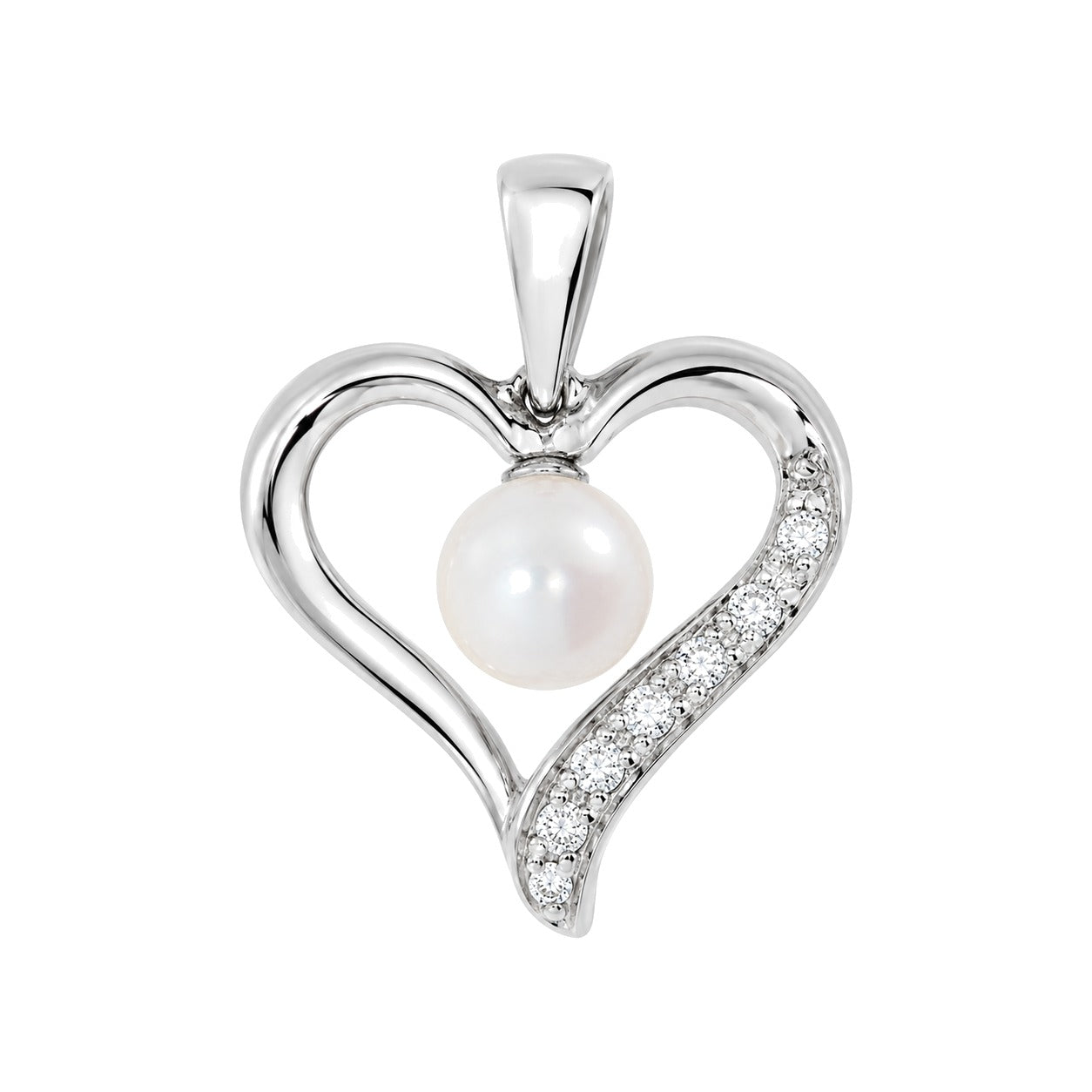 Hjertesmykke i 14kt Hvitt Gull (585), 0,07 ct TW/SI Diamant og 6mm Perle – Diamanthuset