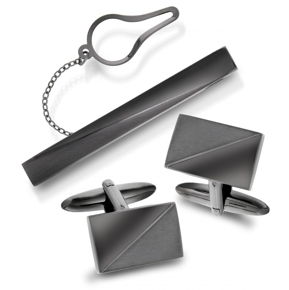 Slipsnål og mansjettknapper, gunmetal med diagonal