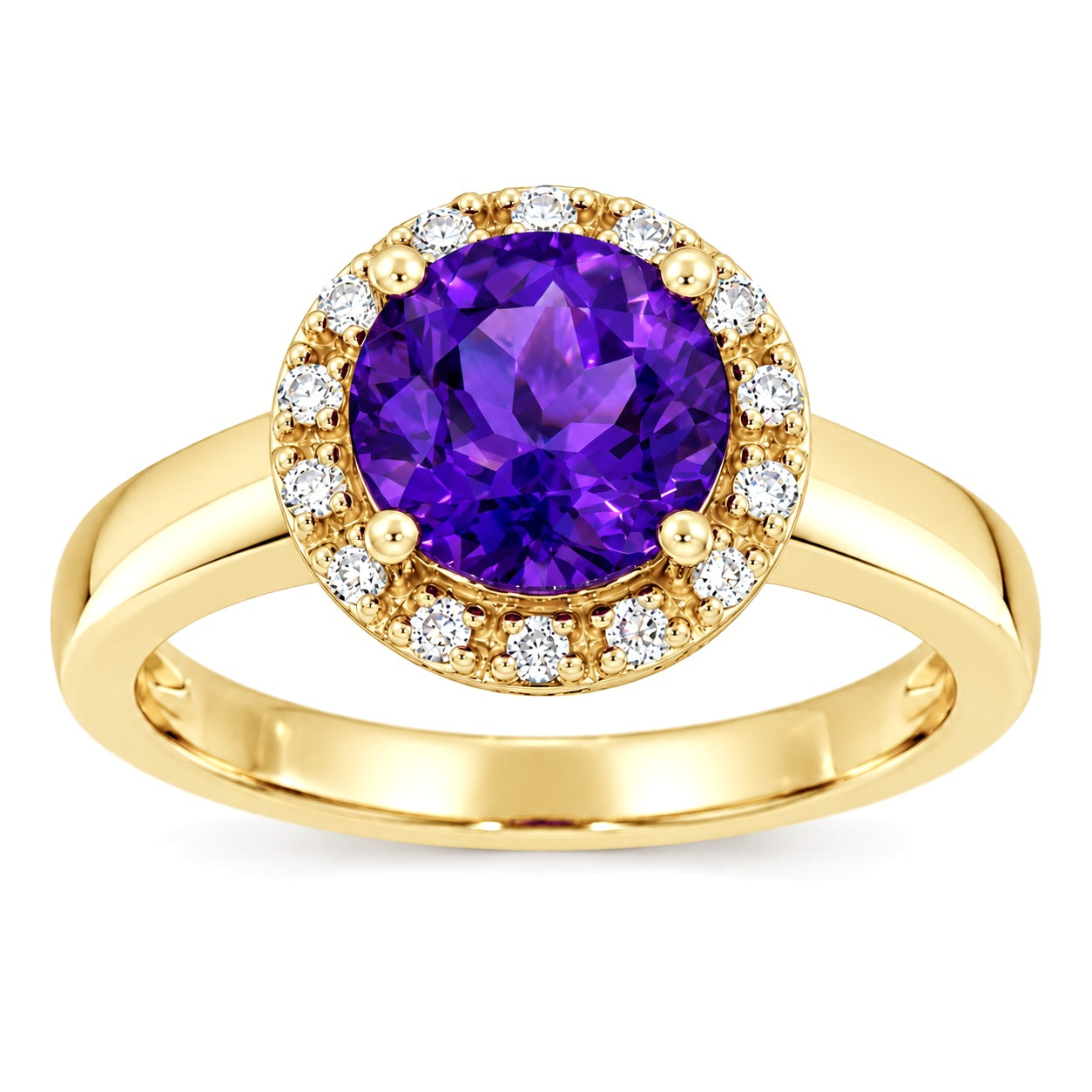Diamantring i gult gull 0,15 ct TW/SI diamanter med ametyst – sett forfra – Diamanthuset
