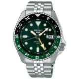 SEIKO 5 GMT - sporty autonmatic stålklokke - vanntett 100M - grønn tallskive - dato SSK035K1