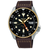 SEIKO 5 GMT - tofarget stål og gull - brun rem - dato - vanntett  SSK036K1