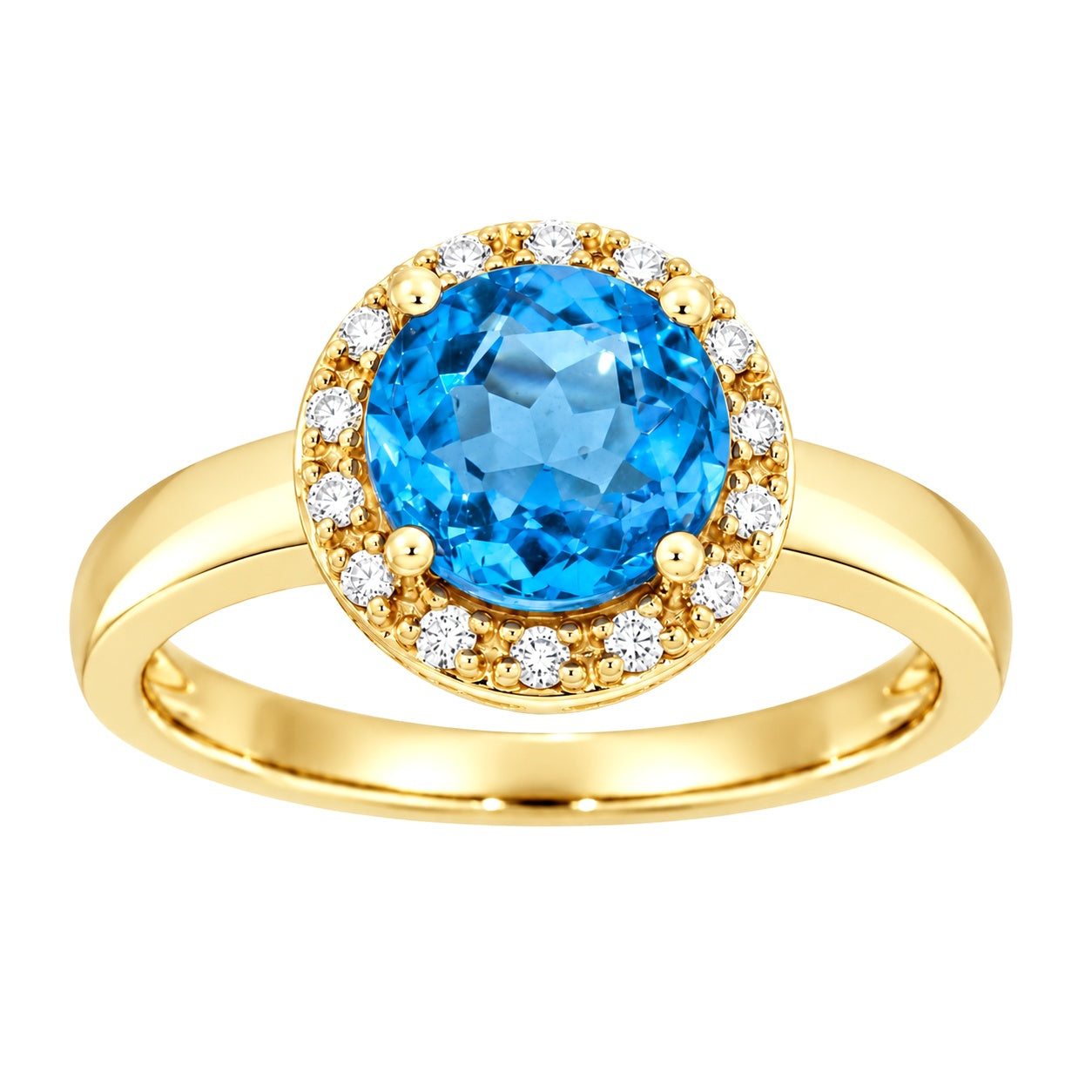 Diamantring i gult gull 0,15 ct TW/SI diamanter med topas – sett forfra – Diamanthuset