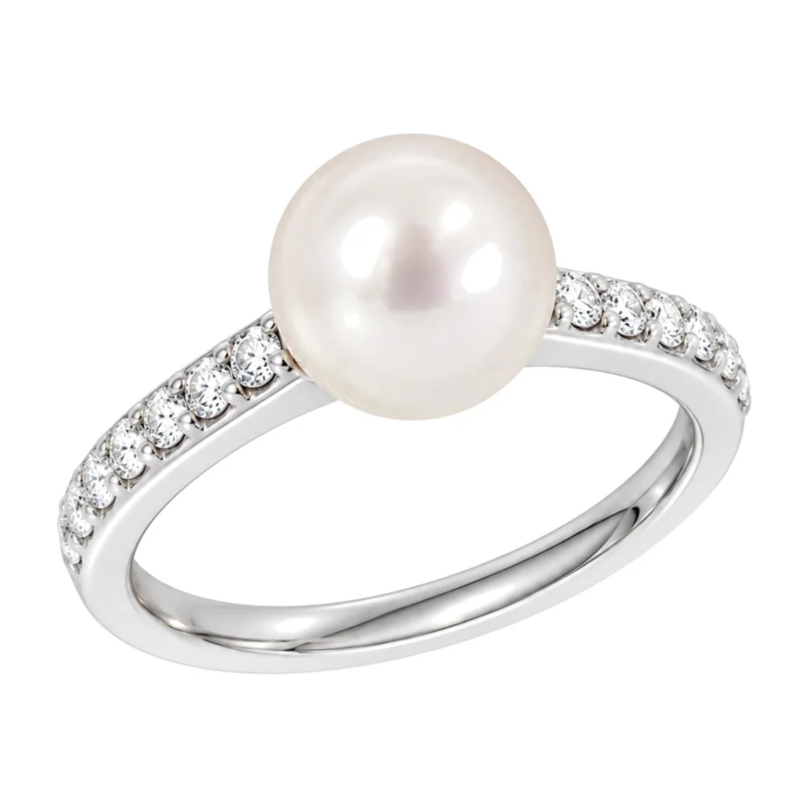 Diamantring i 14kt Hvitt Gull,, 0,25 ct TW/SI Diamanter og 9mm Perle – Diamanthuset