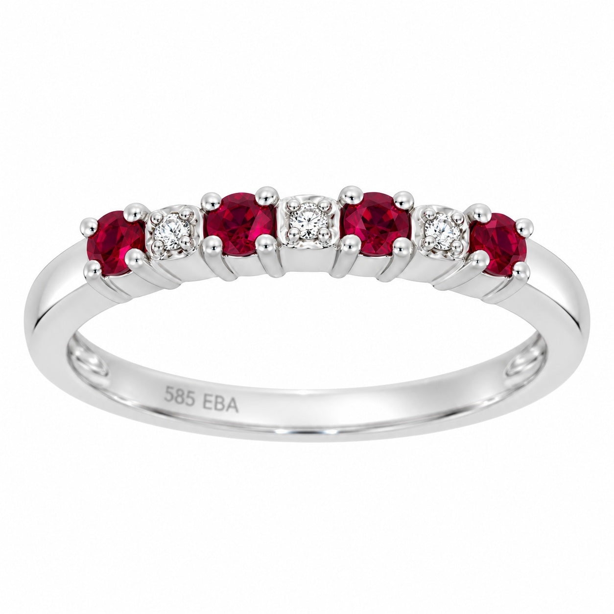Ring i Hvitt Gull (585), 0.01ct TWSI Diamanter og Rubiner – sett forfra – Diamanthuset