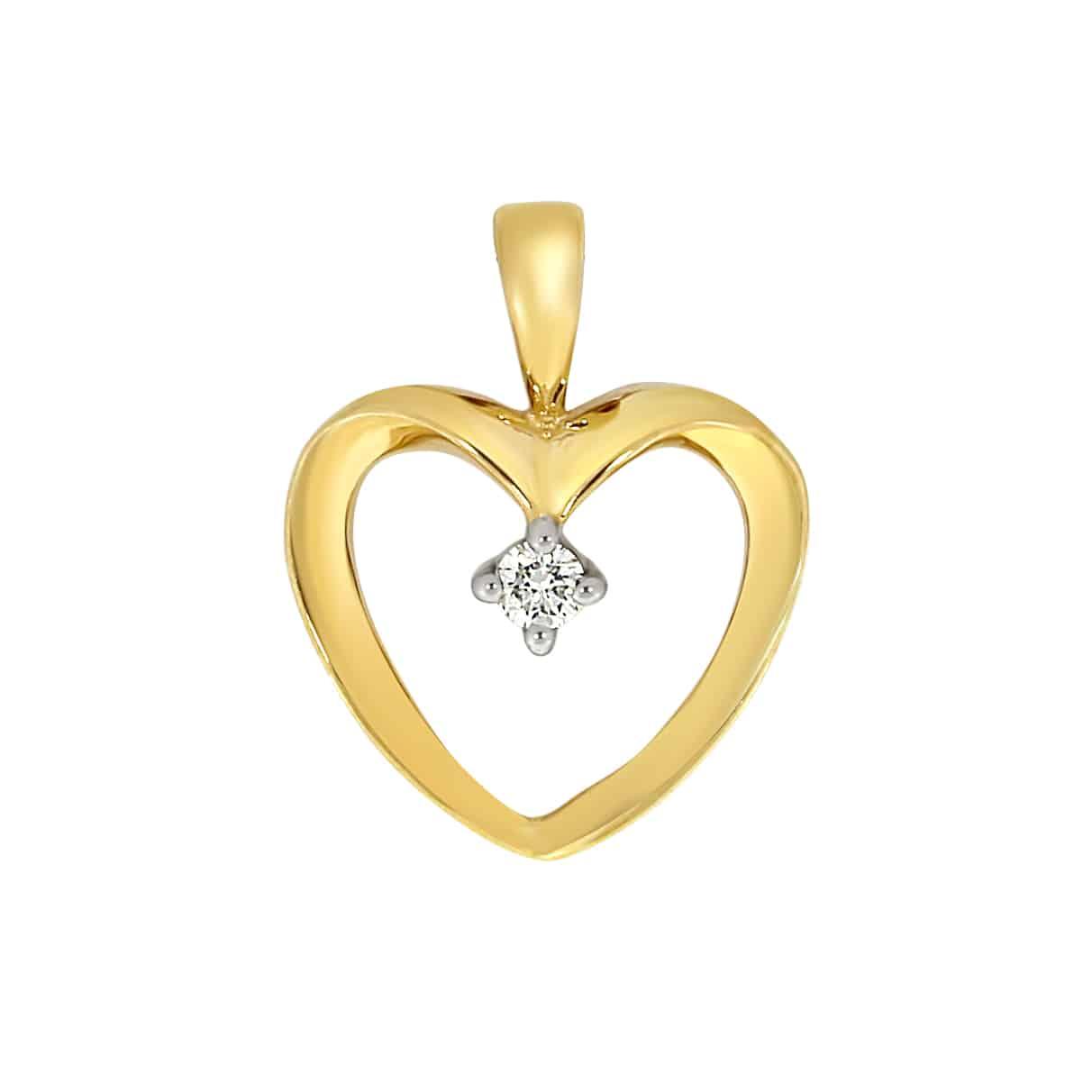Diamant halssmykke med hjerte i gult gull, 0.02CT TWSi - Diamanthuset