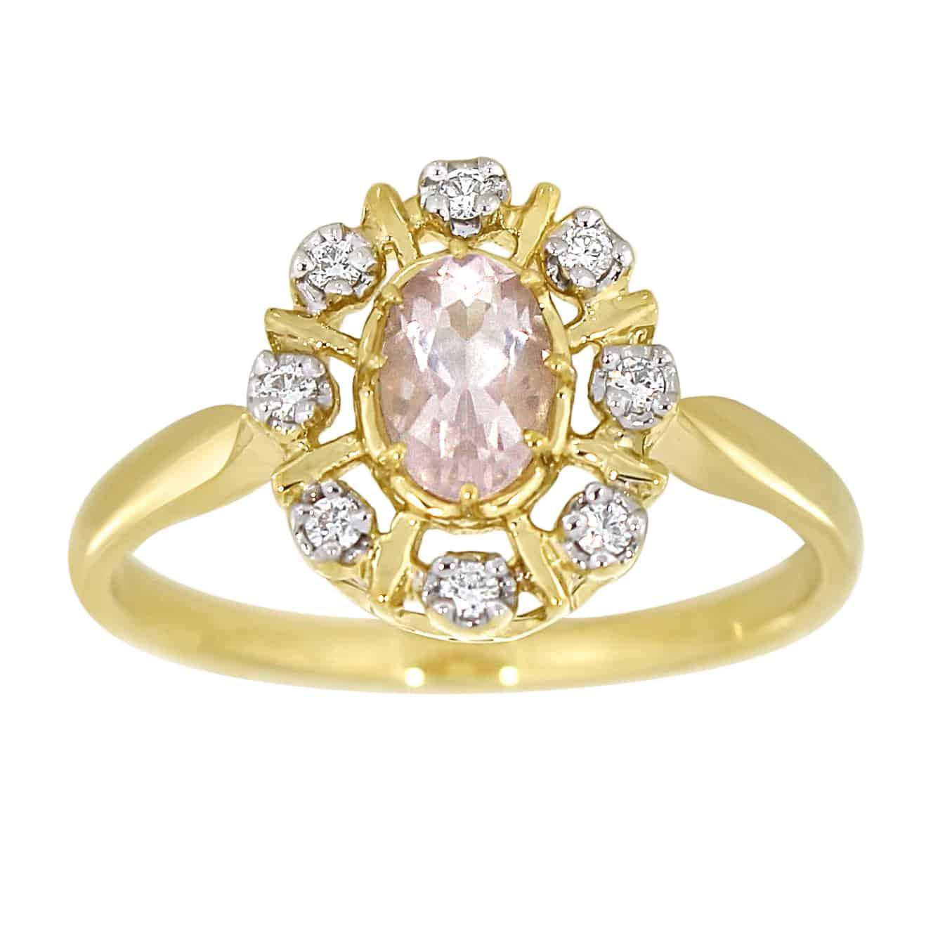 Diamantring i gult gull med rose quartz 0,08ct TWSI - Diamanthuset