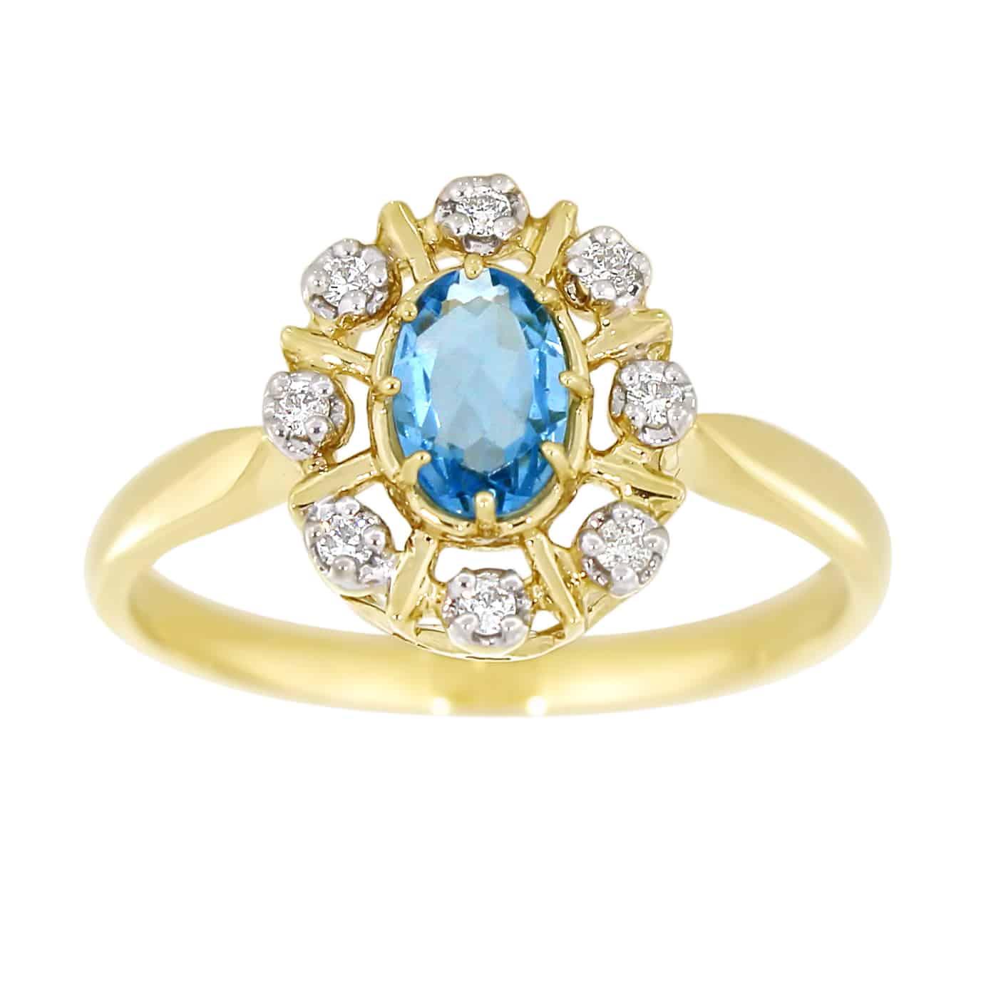 Diamantring med blå topas i gult gull 0,08ct TWSI - Diamanthuset
